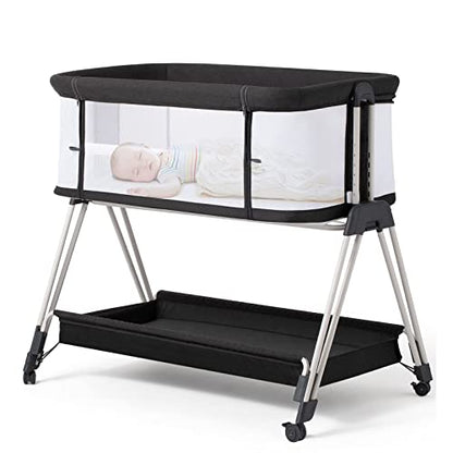 LUMINA™ - 7-fach höhenverstellbarer Baby-Co-Sleeper mit Rollen, Stauraum & Netzseiten (Schwarz & Weiß)