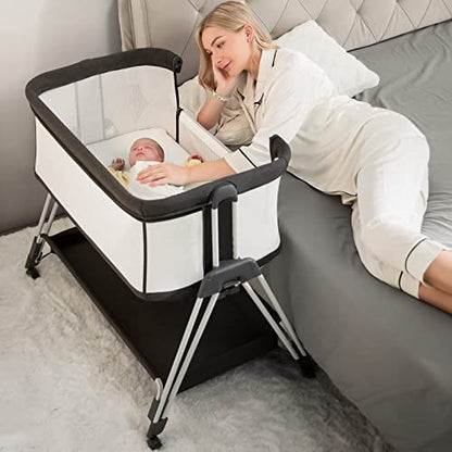 LUMINA™ - 7-fach höhenverstellbarer Baby-Co-Sleeper mit Rollen, Stauraum & Netzseiten (Schwarz & Weiß)