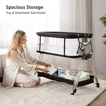 LUMINA™ - 7-fach höhenverstellbarer Baby-Co-Sleeper mit Rollen, Stauraum & Netzseiten (Schwarz & Weiß)