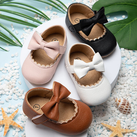 Baby Mary Jane Shoes with Bow - Soft Sole First Walker Shoes for Newborn Toddler Girls - Non-Slip Infant Dress Shoes