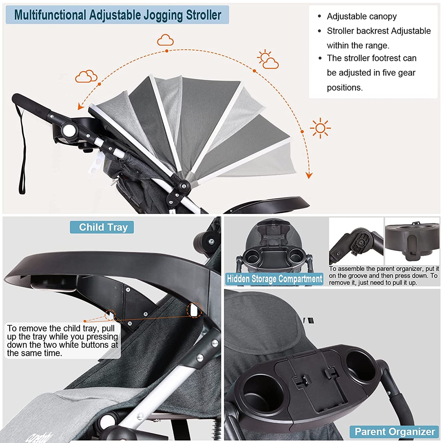 Lightweight 2-in-1 Maternity Jogging Stroller for Toddlers with Adjustable Handlebar and Smooth-Rolling Wheels-4
