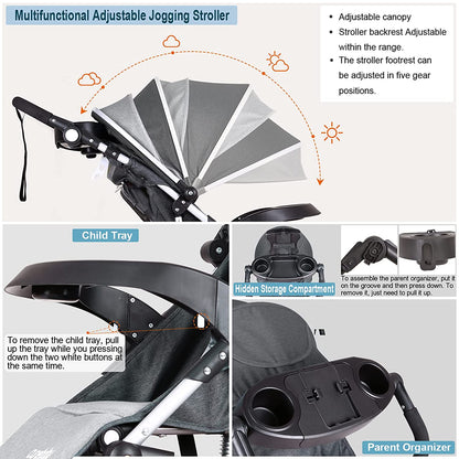 Lightweight 2-in-1 Maternity Jogging Stroller for Toddlers with Adjustable Handlebar and Smooth-Rolling Wheels-4