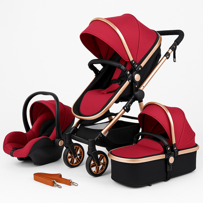 Luxuriöses 3-in-1 Baby-Kinderwagen-Reisesystem mit Autositz – Rot