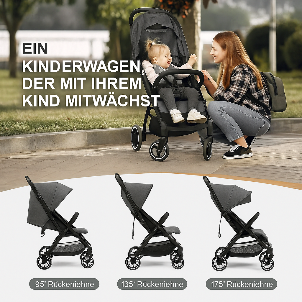 Kompakter ultraleichter Kinderwagen – faltbarer Reise-Kinderwagen mit verstellbarer Rückenlehne und stoßdämpfenden EVA-Reifen