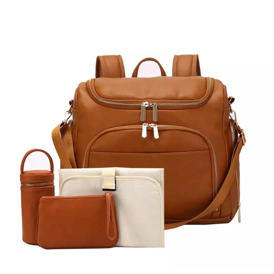 CARRA™ – Stilvoller Leder- und geräumiger Wickelrucksack mit Kinderwagenhaken, Wickelmatte und isolierten Flaschenhaltern