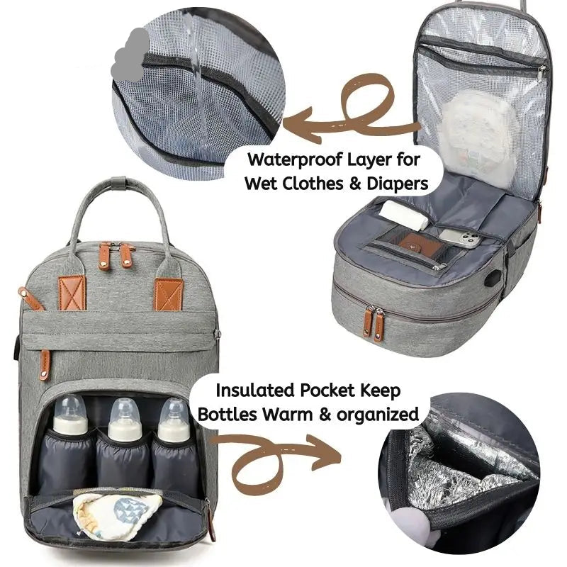 MAVO™ - Stilvoller & Geräumiger Wickelrucksack mit Kinderwagenhaken und Wickelmatte