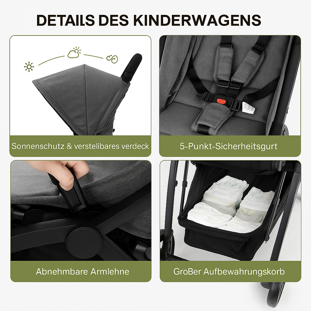 Kompakter ultraleichter Kinderwagen – faltbarer Reise-Kinderwagen mit verstellbarer Rückenlehne und stoßdämpfenden EVA-Reifen