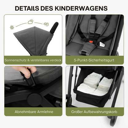 Kompakter ultraleichter Kinderwagen – faltbarer Reise-Kinderwagen mit verstellbarer Rückenlehne und stoßdämpfenden EVA-Reifen