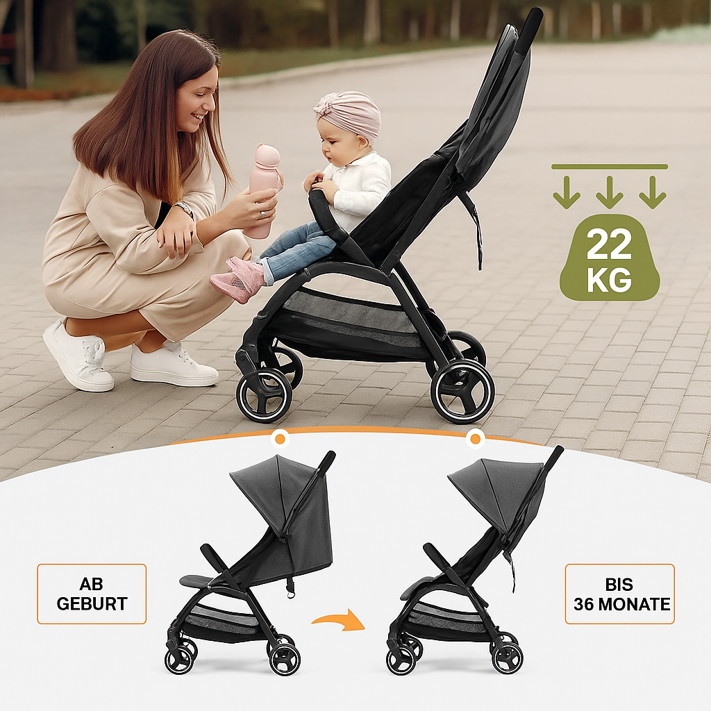 Kompakter ultraleichter Kinderwagen – faltbarer Reise-Kinderwagen mit verstellbarer Rückenlehne und stoßdämpfenden EVA-Reifen