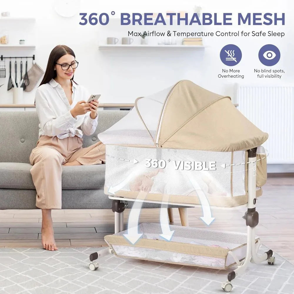 MildlyMama - Baby Bassinet Bedside Sleeper with Adjustable Height, Breathable Mesh Sides, and Storage – Portable Co Sleeper Crib for Safe Sleep Baby Bassinets