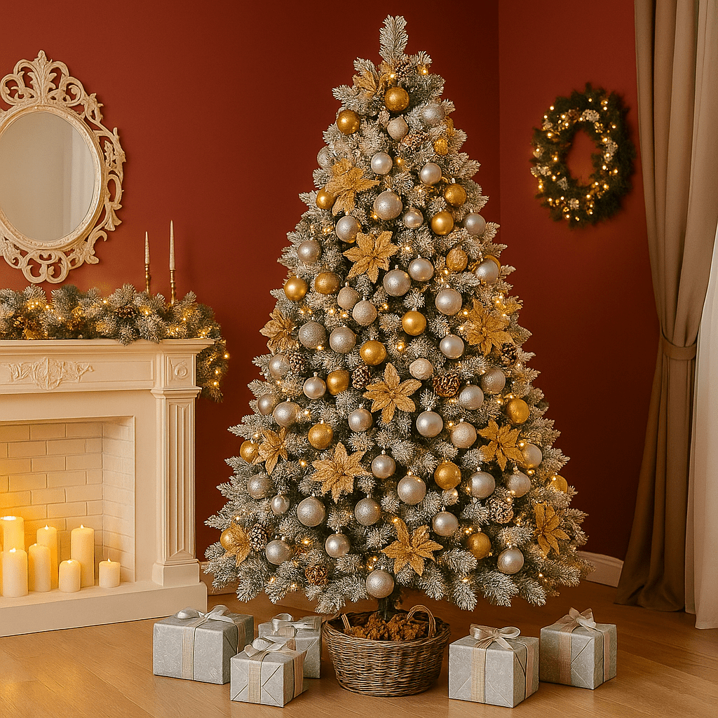 MildlyMama - FrostGleam™ Snow Flocked Spruce Christmas Tree – Pre - Lit Artificial Xmas Tree with Gold Decorations, Full & Easy Assemble Winter Decoration - National Tree Christmas Tree