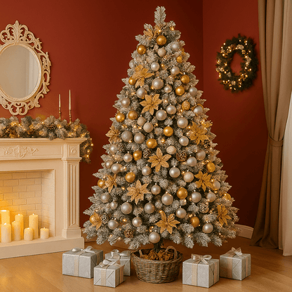 MildlyMama - FrostGleam™ Snow Flocked Spruce Christmas Tree – Pre - Lit Artificial Xmas Tree with Gold Decorations, Full & Easy Assemble Winter Decoration - National Tree Christmas Tree