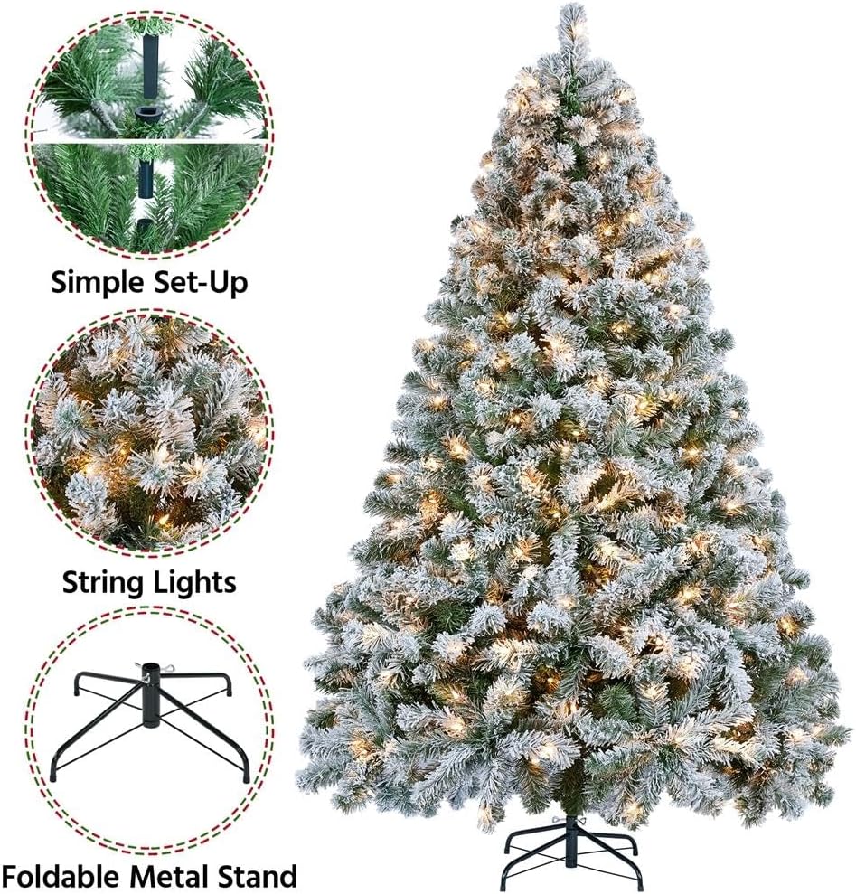 MildlyMama - FrostGleam™ Snow Flocked Spruce Christmas Tree – Pre - Lit Artificial Xmas Tree with Gold Decorations, Full & Easy Assemble Winter Decoration - National Tree Christmas Tree