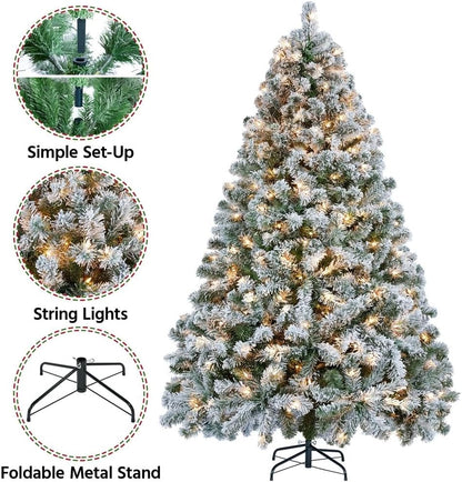 MildlyMama - FrostGleam™ Snow Flocked Spruce Christmas Tree – Pre - Lit Artificial Xmas Tree with Gold Decorations, Full & Easy Assemble Winter Decoration - National Tree Christmas Tree