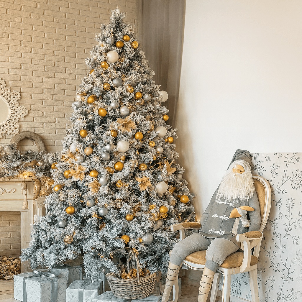 MildlyMama - FrostGleam™ Snow Flocked Spruce Christmas Tree – Pre - Lit Artificial Xmas Tree with Gold Decorations, Full & Easy Assemble Winter Decoration - National Tree Christmas Tree