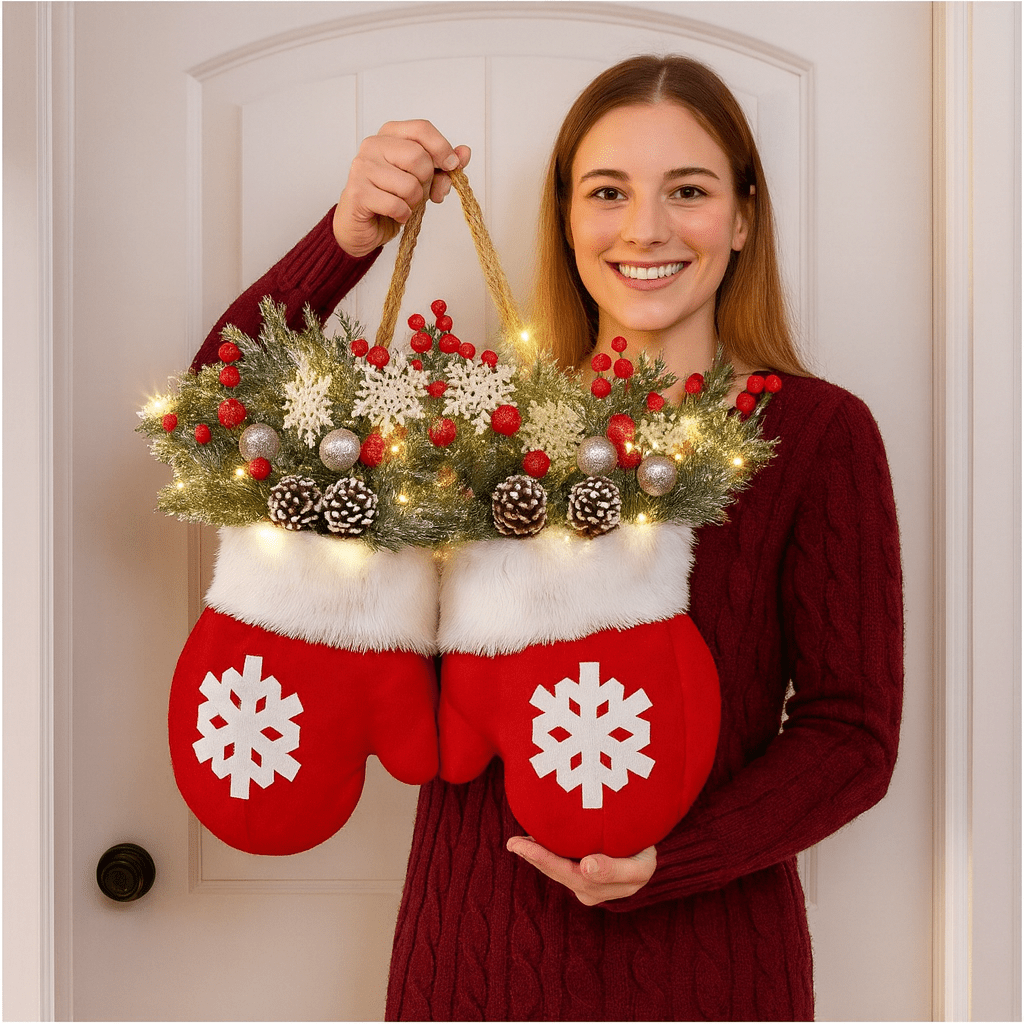 GlowHaven™ Twinkling Christmas Wreath – Pre-Lit Artificial Garland with LED Lights, Pinecones & Red Berries for Front Door Holiday Decor