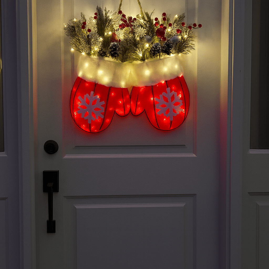 GlowHaven™ Twinkling Christmas Wreath – Pre-Lit Artificial Garland with LED Lights, Pinecones & Red Berries for Front Door Holiday Decor