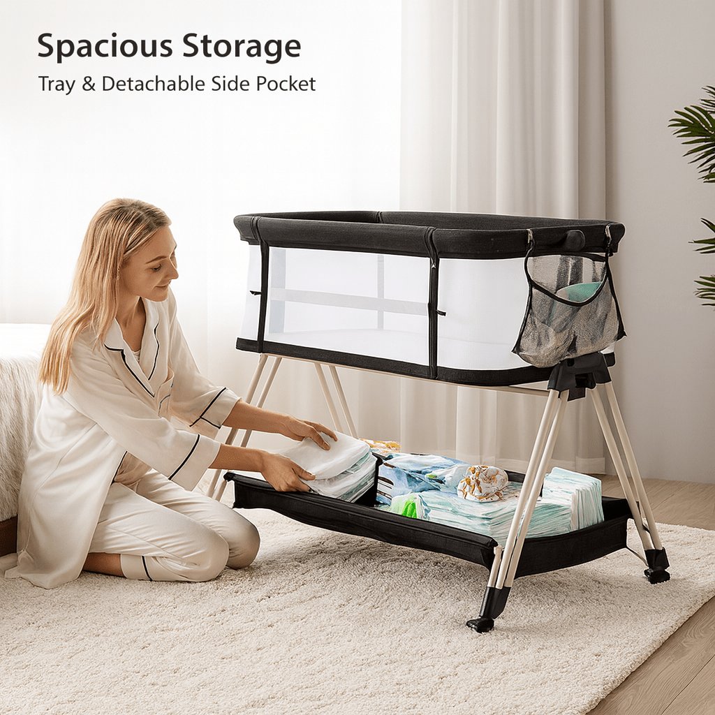 MildlyMama - Height-Adjustable Baby Co-Sleeper with Mesh Sides and Integrated Storage – Black and White Baby & Toddler Furniture