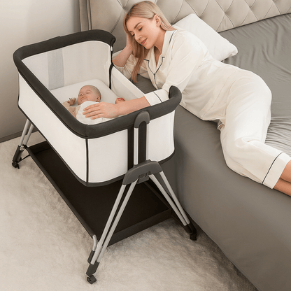 MildlyMama - Height-Adjustable Baby Co-Sleeper with Mesh Sides and Integrated Storage – Black and White Baby & Toddler Furniture