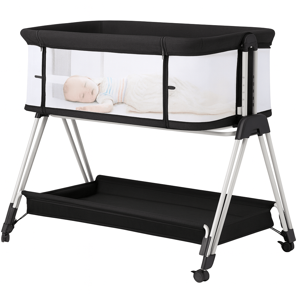 MildlyMama - Height-Adjustable Baby Co-Sleeper with Mesh Sides and Integrated Storage – Black and White Baby & Toddler Furniture