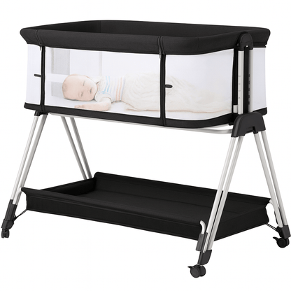 MildlyMama - Height-Adjustable Baby Co-Sleeper with Mesh Sides and Integrated Storage – Black and White Baby & Toddler Furniture