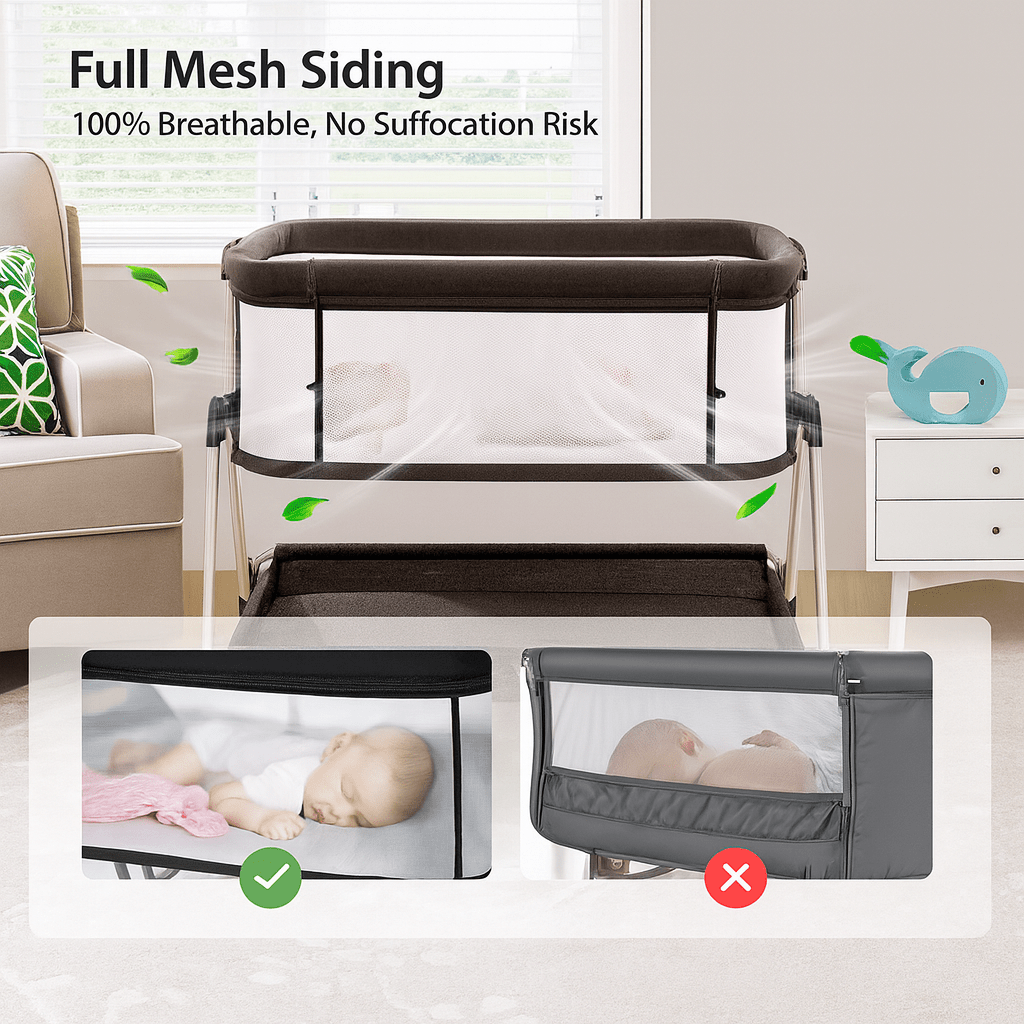 MildlyMama - Height-Adjustable Baby Co-Sleeper with Mesh Sides and Integrated Storage – Black and White Baby & Toddler Furniture