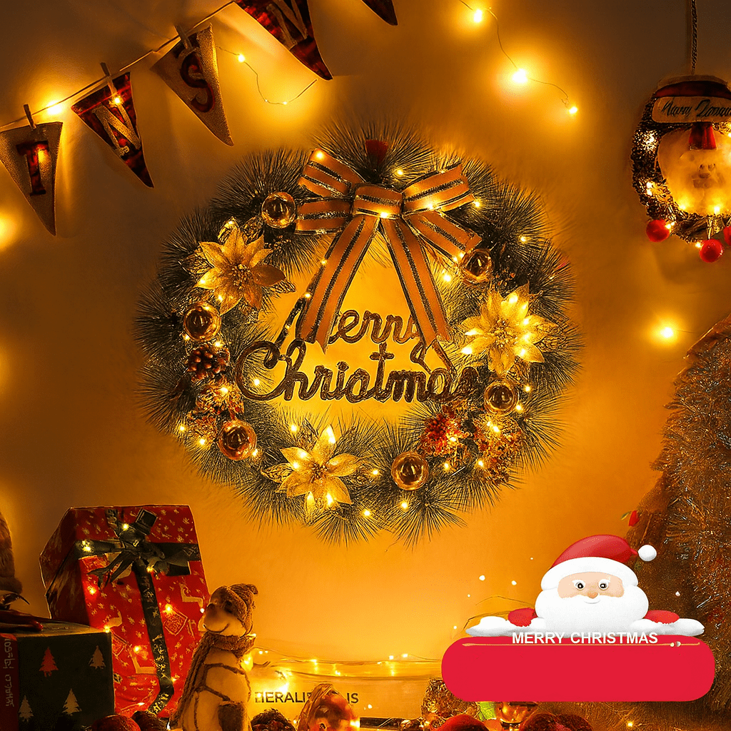 MildlyMama - HollyGlow™ Merry Christmas Wreath – 16", 20", 24" Pre - Lit Front Door Wreath with LED Lights, Pinecones & Red Berries Holiday Décor Christmas Wreath