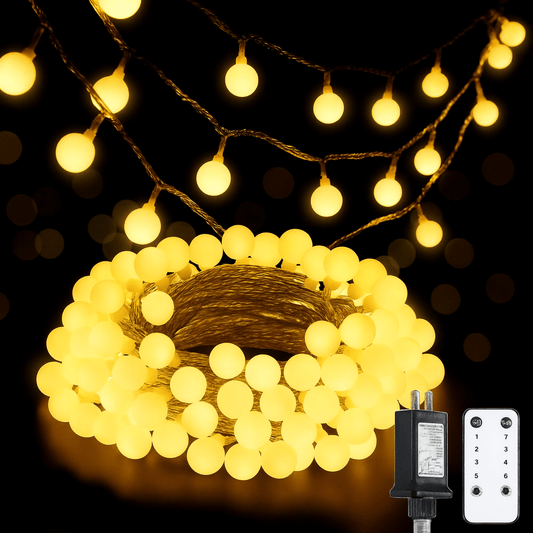 MildlyMama - TwinkleLink™ Connectable Globe String Lights – 33ft 100 LED Warm White, Plug - In with Remote, 8 Modes Fairy Lights for Indoor/Outdoor Christmas Décor Light