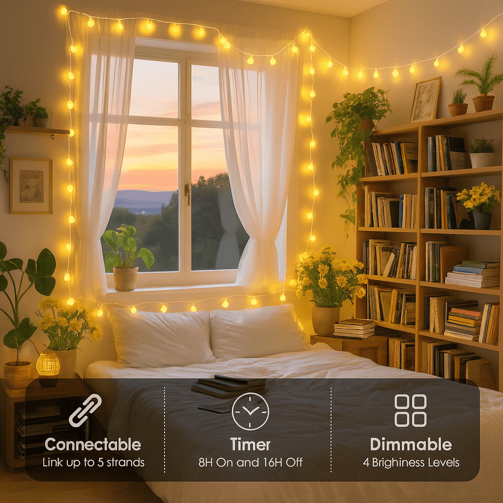 MildlyMama - TwinkleLink™ Connectable Globe String Lights – 33ft 100 LED Warm White, Plug - In with Remote, 8 Modes Fairy Lights for Indoor/Outdoor Christmas Décor Light