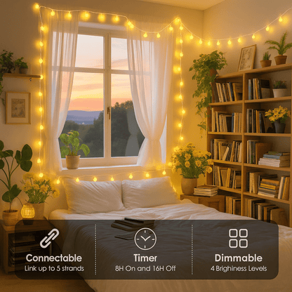 MildlyMama - TwinkleLink™ Connectable Globe String Lights – 33ft 100 LED Warm White, Plug - In with Remote, 8 Modes Fairy Lights for Indoor/Outdoor Christmas Décor Light